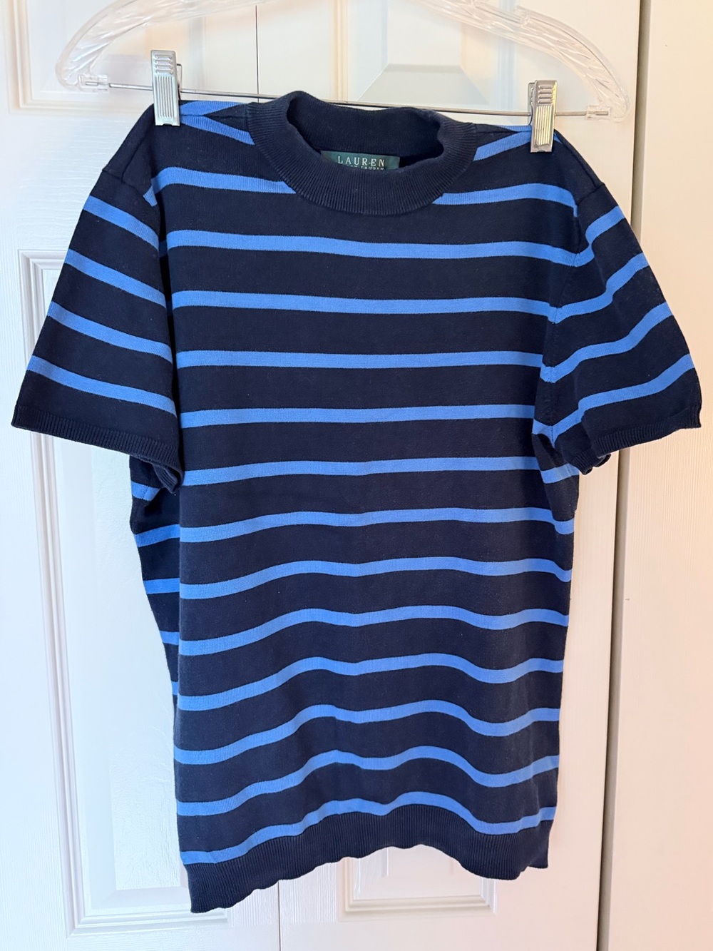 Ralph Lauren Navy & Light Blue Striped Short Sleeve Silk Tee